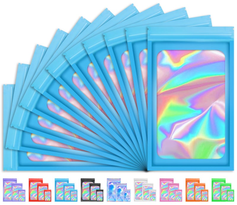 TIFICAL 100 PCS Mylar Holographic Bags Smell Proof Bags Clear Resealable Bags Valentines Day Decorations Gift Baggies for Bracelet Lipgloss Eyelash Jewelry Packaging Blue 3x5 Inch - Image 3