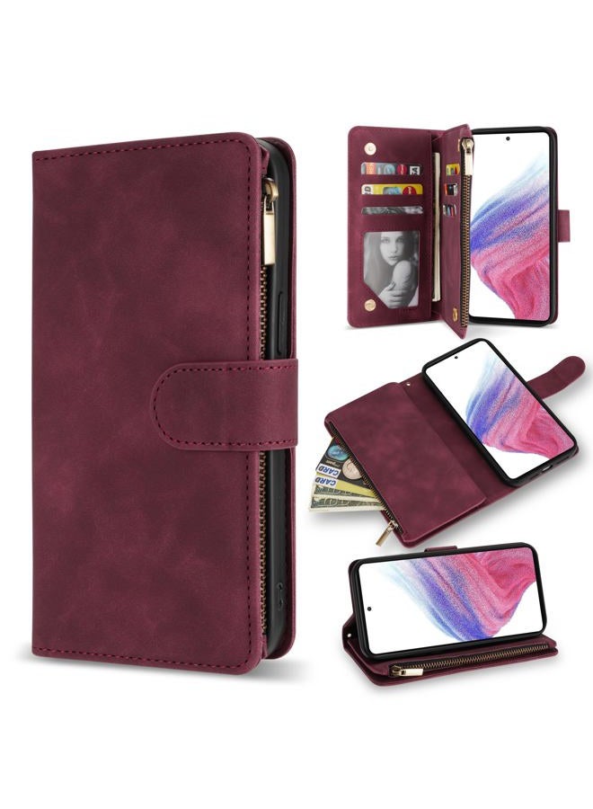 ZZXX For Samsung Galaxy A53 5G Case Wallet With RFID Blocking Card Slot Premium Soft PU Leather Zipper Flip Folio With Wrist Strap Kickstand Protective For Galaxy A53 5G Wallet Case(Wine Red-6.5 inch) - Image 1