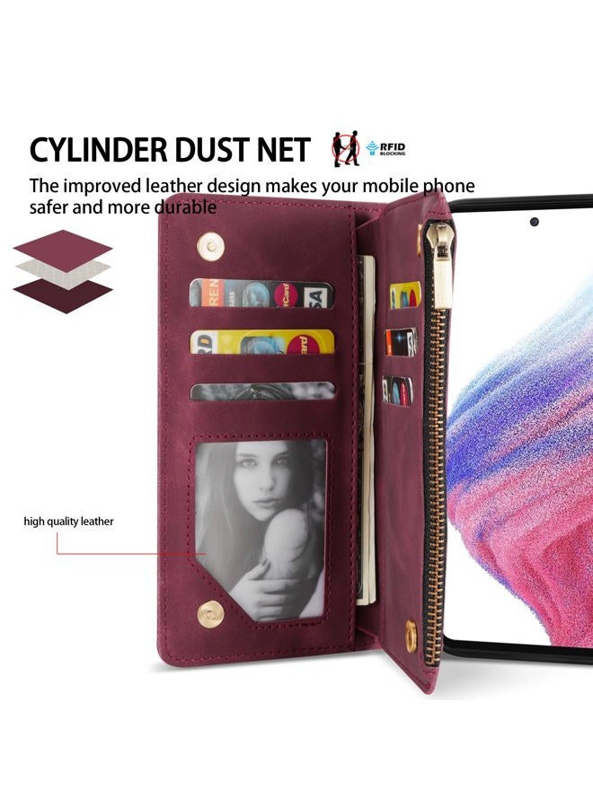 ZZXX For Samsung Galaxy A53 5G Case Wallet With RFID Blocking Card Slot Premium Soft PU Leather Zipper Flip Folio With Wrist Strap Kickstand Protective For Galaxy A53 5G Wallet Case(Wine Red-6.5 inch) - Image 2
