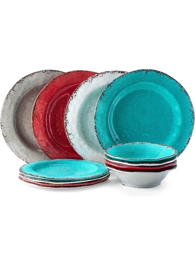 LEHAHA طقم أطباق وأوعية ميلامين ريفي خالي من BPA مثالي لتناول الطعام في الداخل والخارج، 12 قطعة، طقم أدوات مائدة غير قابلة للكسر، خدمة لـ 4 أشخاص - Image 2