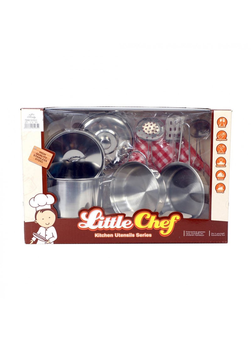 Little Chef Play Kitchen Utensils - Kids Stainless Steel Cookware Set, Kids Play Pots and Pans Set, Play Dishes, Kids Kitchen Dish Set - Image 1