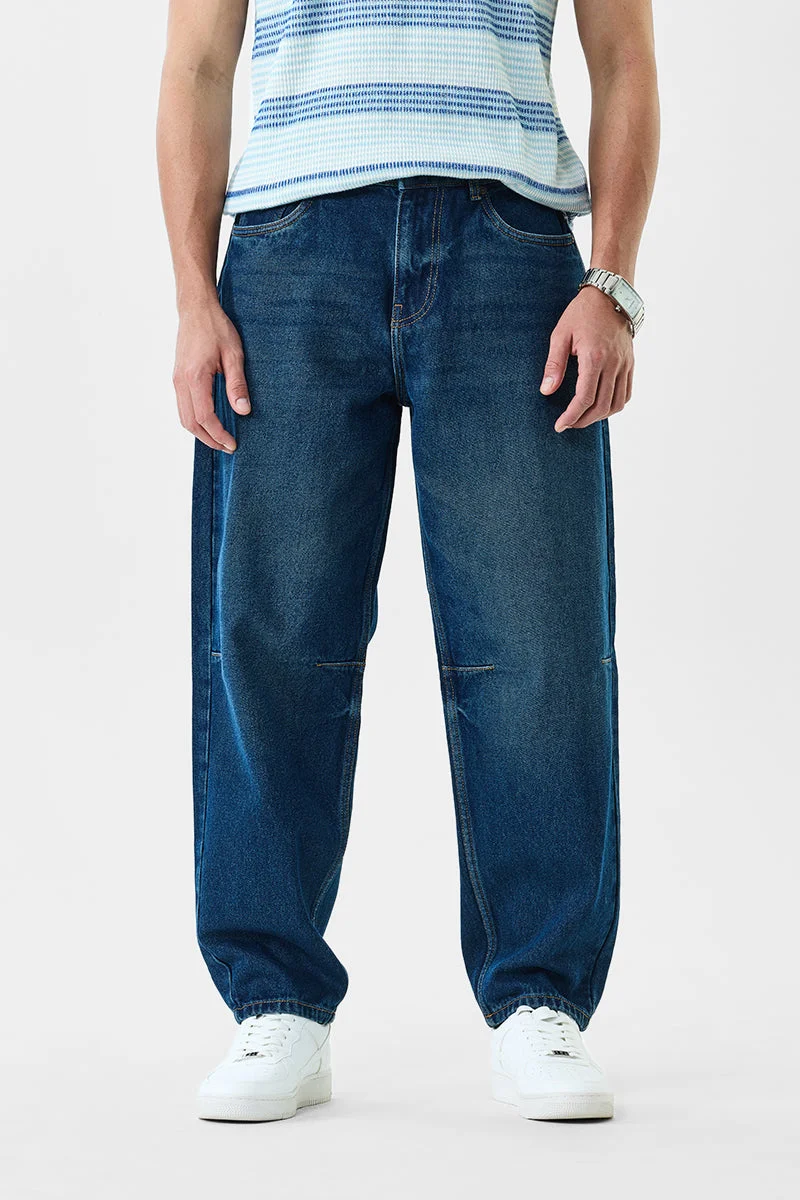 سنيتش Dark Blue Solid Wide Leg Streetwear Jeans