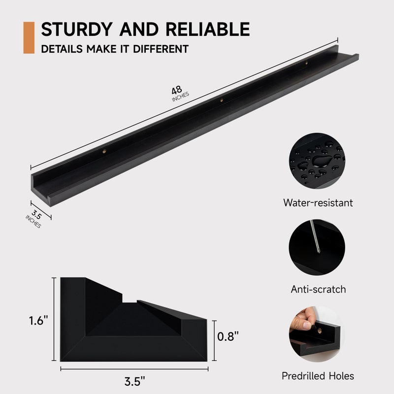 Fun Memories Picture Ledge Shelf, 48 Inch Floating Shelves Set of 2, Large Nursery Book Shelves for Toys Storage, Kids Bookshelf Wall Mounted for Wall Decor Books Photo Frames, Black - Image 3