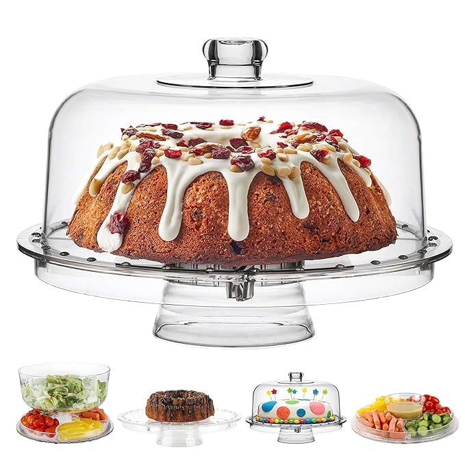 HOMETIC Multi-Purpose 6-in-1 Multi-Function Cake Stand & Serving Platter with Dome Lid - Multi-Purpose Platter for Cakes, Salads, Snacks, Desserts, And More - BPA Free - Image 1