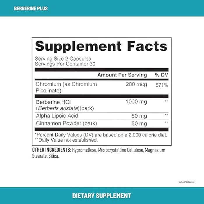 SlimFast Berberine Plus Capsules, Berberine Supplement, with Berberine hcl, Chromium Picolinate, Alpha Lipoic Acid, and Cinnamon Bark, 60 Count, 30 Servings - Image 4