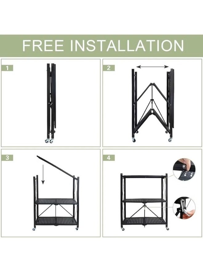 Foldable Storage Rack 3 Layers With Wheels Black