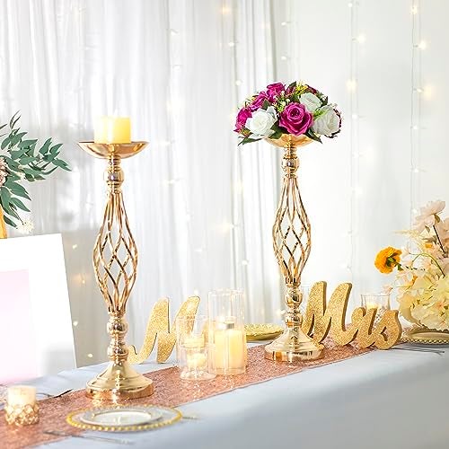 LANLONG 2pcs Metal Gold Candle Holders Road Lead Table Centerpiece Stand Pillar Candlestick for Wedding Candelabra Flowers Vases - Image 4