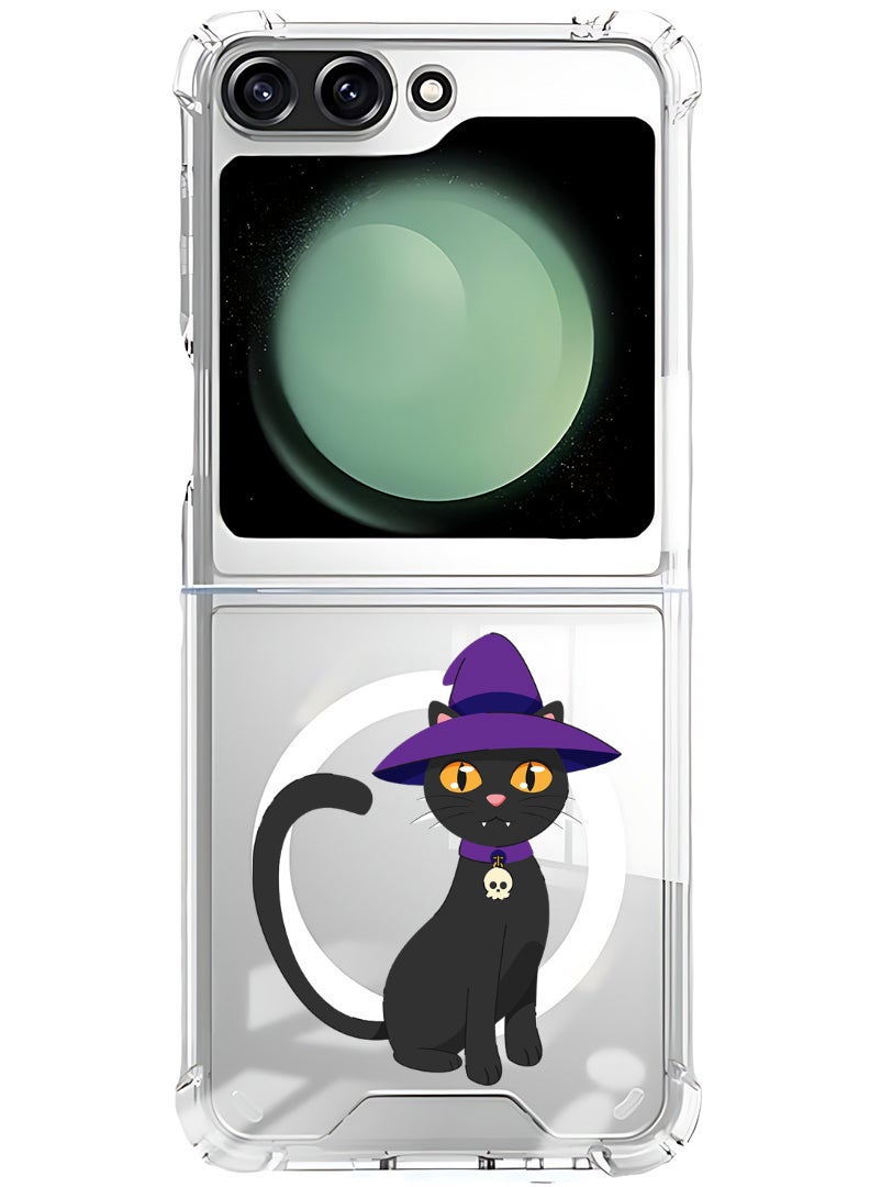 Theodor Magnetic Case for Samsung Galaxy Z Flip 5 Compatible with MagSafe Wireless Charging, Shockproof Phone Bumper Cover Cat wearing hat halloween - Image 1