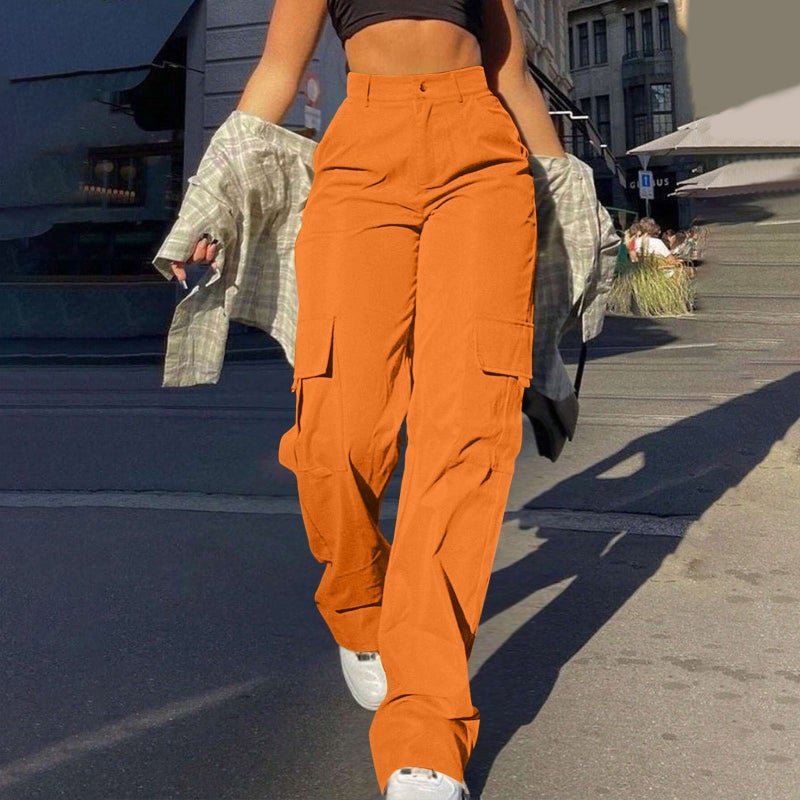 Women's Street Style Multi-Pocket Cargo Straight Leg Pants High Waist Loose Fit Trousers