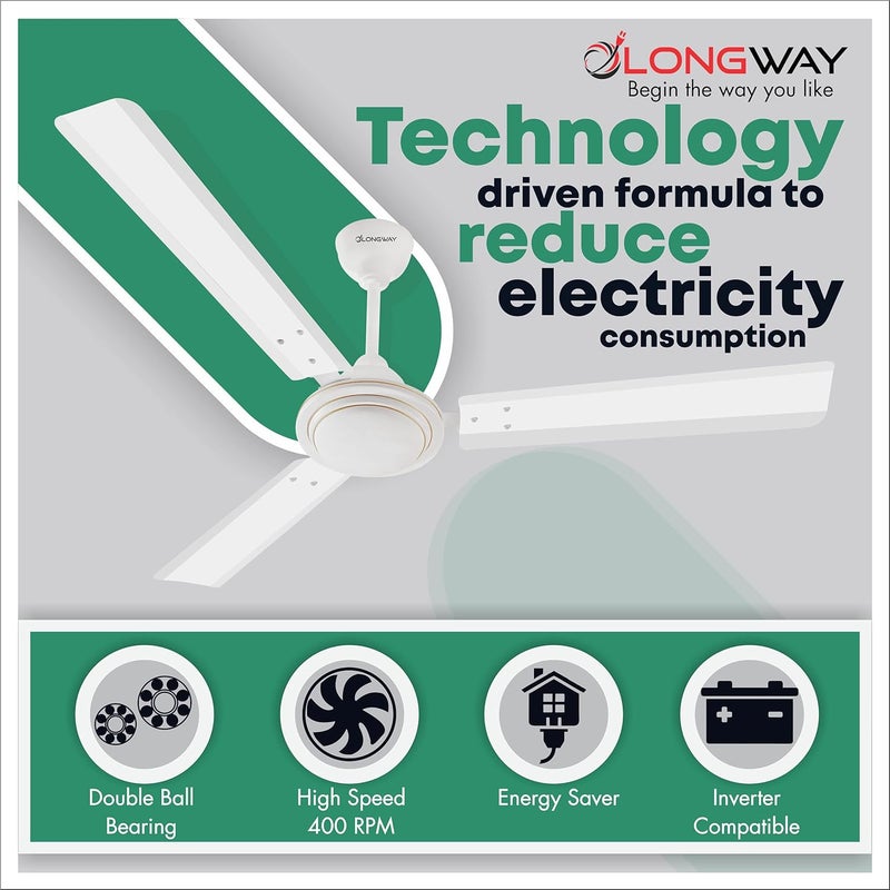 LONGWAY مروحة سقف ديكورية عالية السرعة 1200 مم 48 بوصة من لونغواي نكسا بتقييم 5 نجوم 400 دورة في الدقيقة مع ضمان 3 سنوات - بيضاء - عبوة من 1 - Image 3