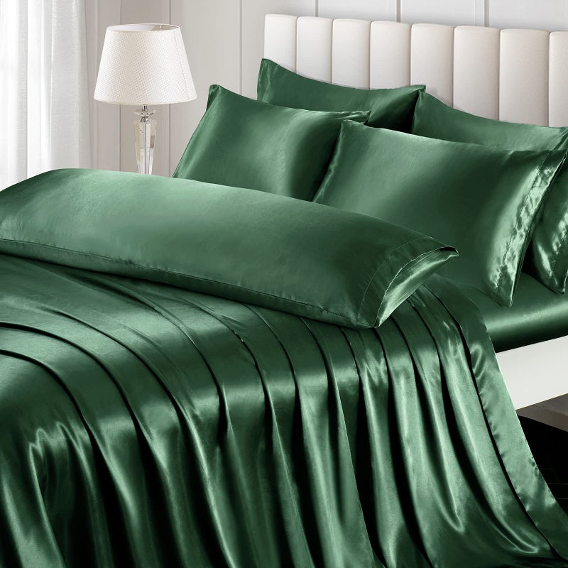 Ersmak 7 Pieces Satin Sheets Set Queen Size Luxury Silky Emerald Green Satin Bed Sheets Set with 1 Deep Pocket Fitted Sheet 1 Soft Flat Sheet 4 Queen Pillowcases and 1 Body Pillowcase