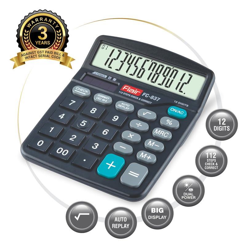 Flair FC-837 Desktop Series Calculator | 12 Digits Calculator | Dual Power with Solar | Auto Replay with Big Display | Square Root Function | Ideal for School, College & Office | Black, Pack of 1 - Image 2