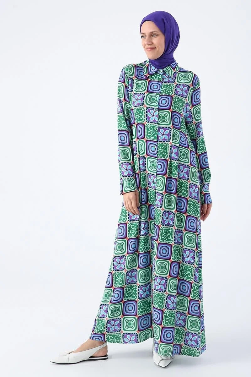 Allday Green-Purple-Pencil Patterned Viscose Shirt Dress