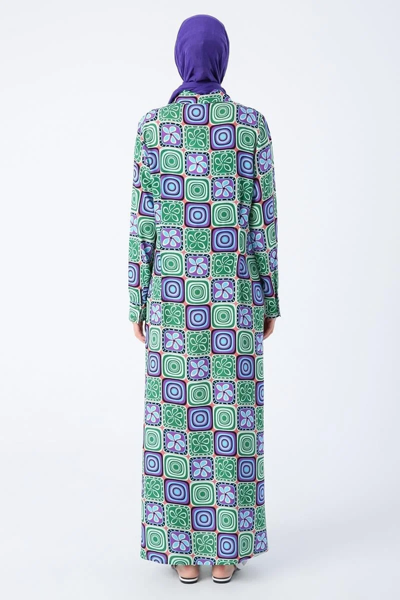 Allday Green-Purple-Pencil Patterned Viscose Shirt Dress