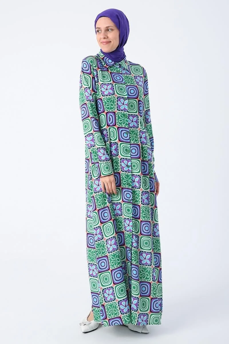 Allday Green-Purple-Pencil Patterned Viscose Shirt Dress