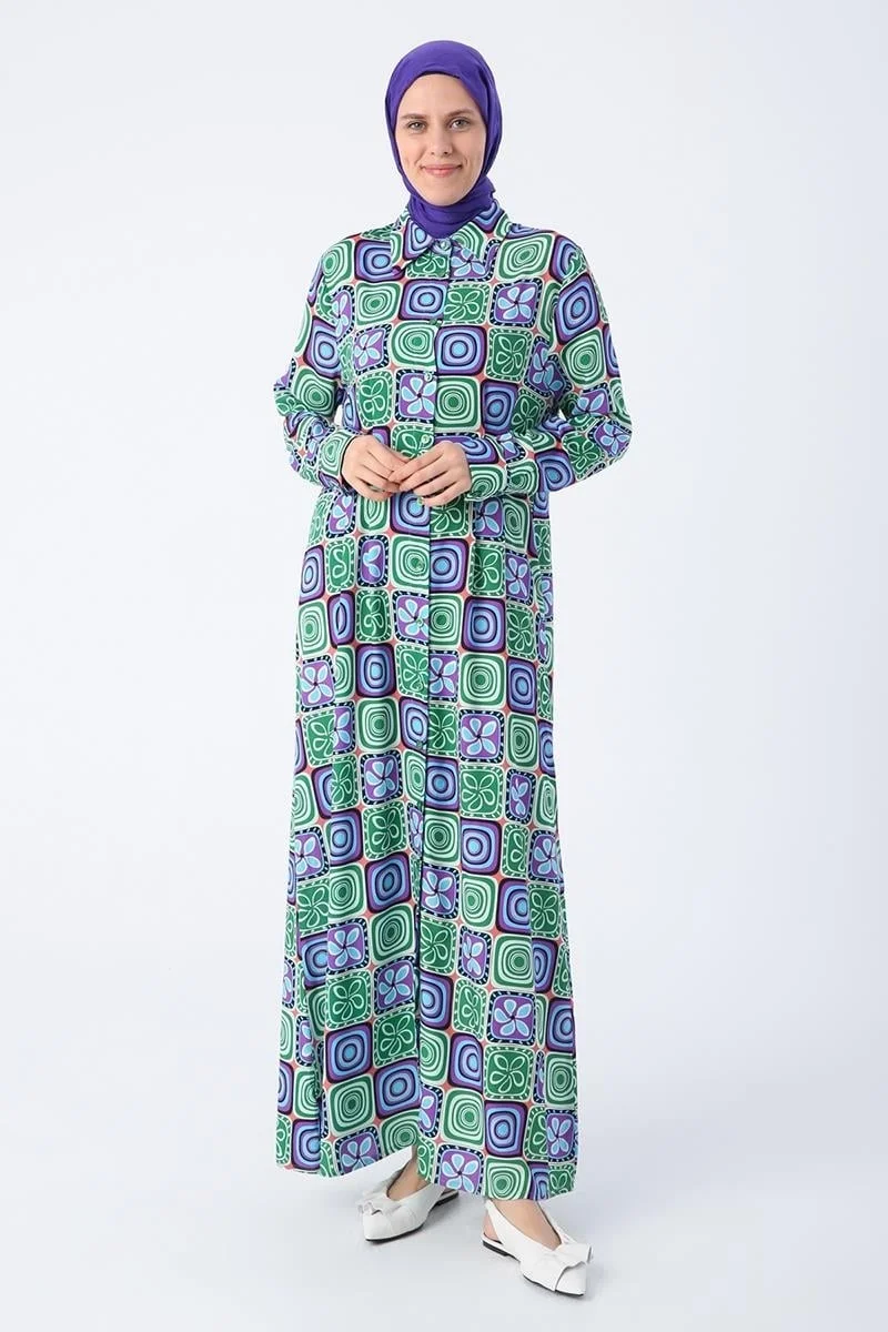 Allday Green-Purple-Pencil Patterned Viscose Shirt Dress