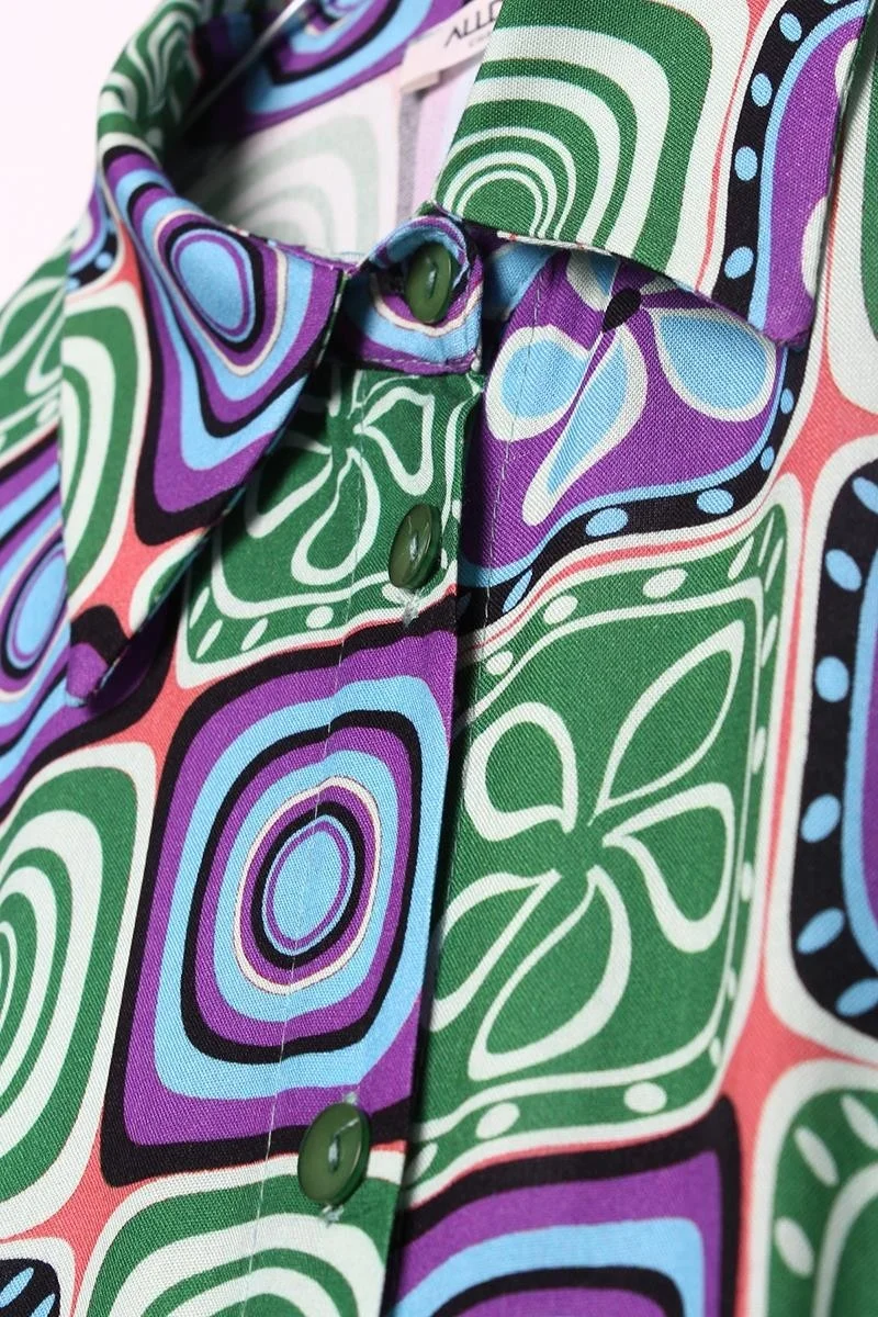 Allday Green-Purple-Pencil Patterned Viscose Shirt Dress