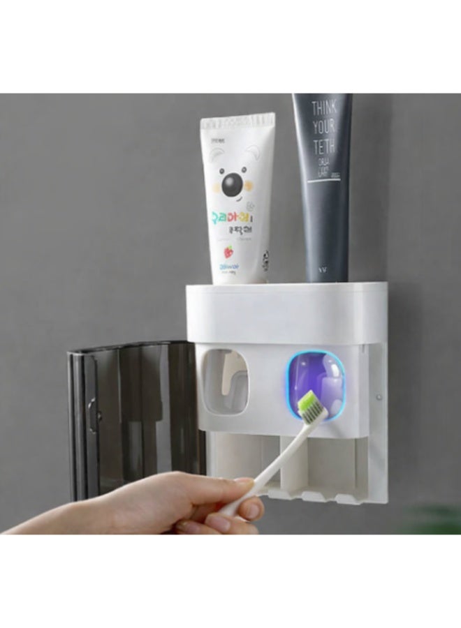 Wall Mounted Toothbrush Holder with Automatic Toothpaste Dispenser, 4 Slots + 2 Squeezers, Dustproof No-Drill Family Bathroom Organizer