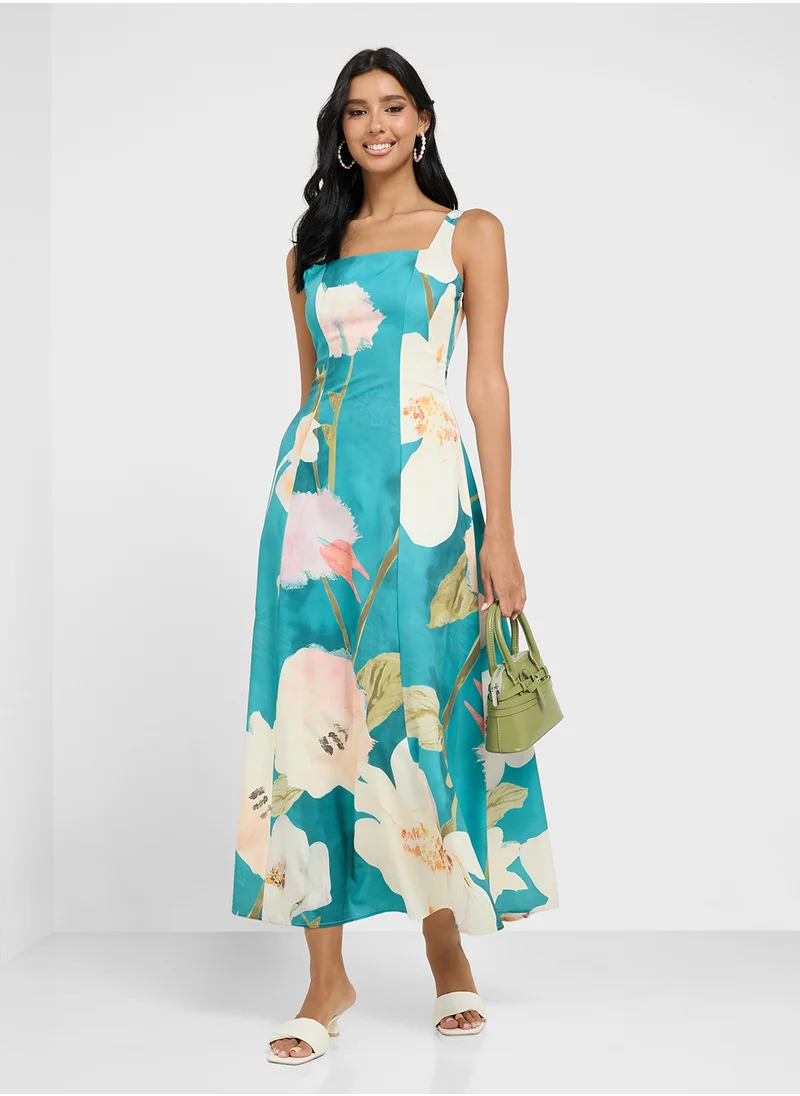 Ginger Square Neck Floral Print A Line Dress
