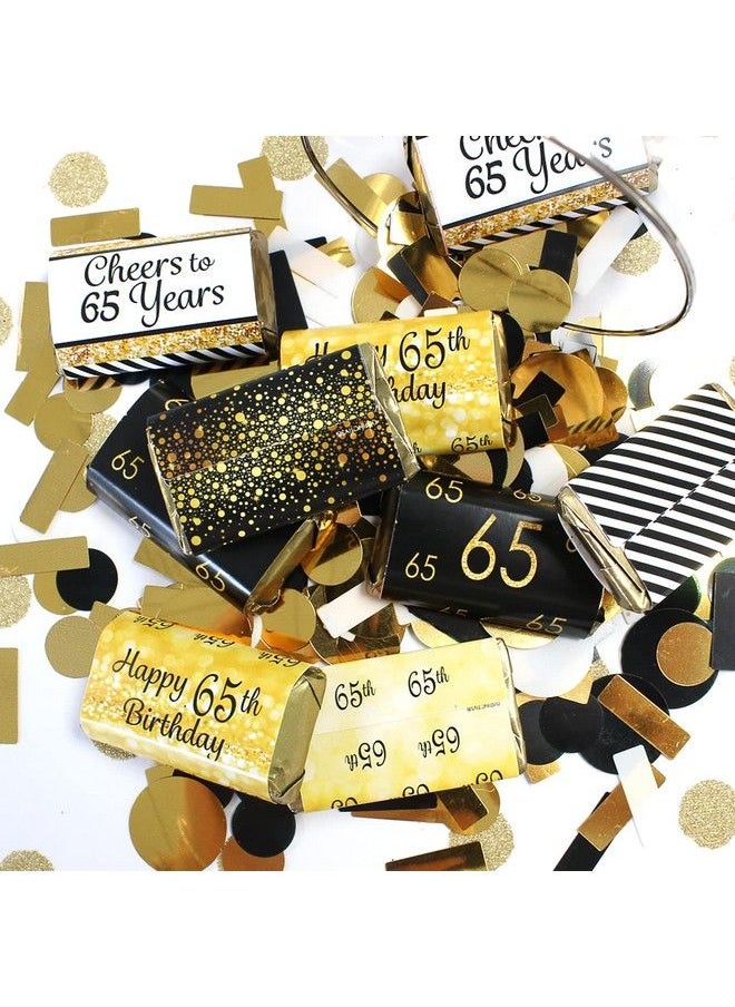 DISTINCTIVS - Black And Gold 65Th Birthday Party Mini Candy Bar Wrappers 45 Stickers - Image 1
