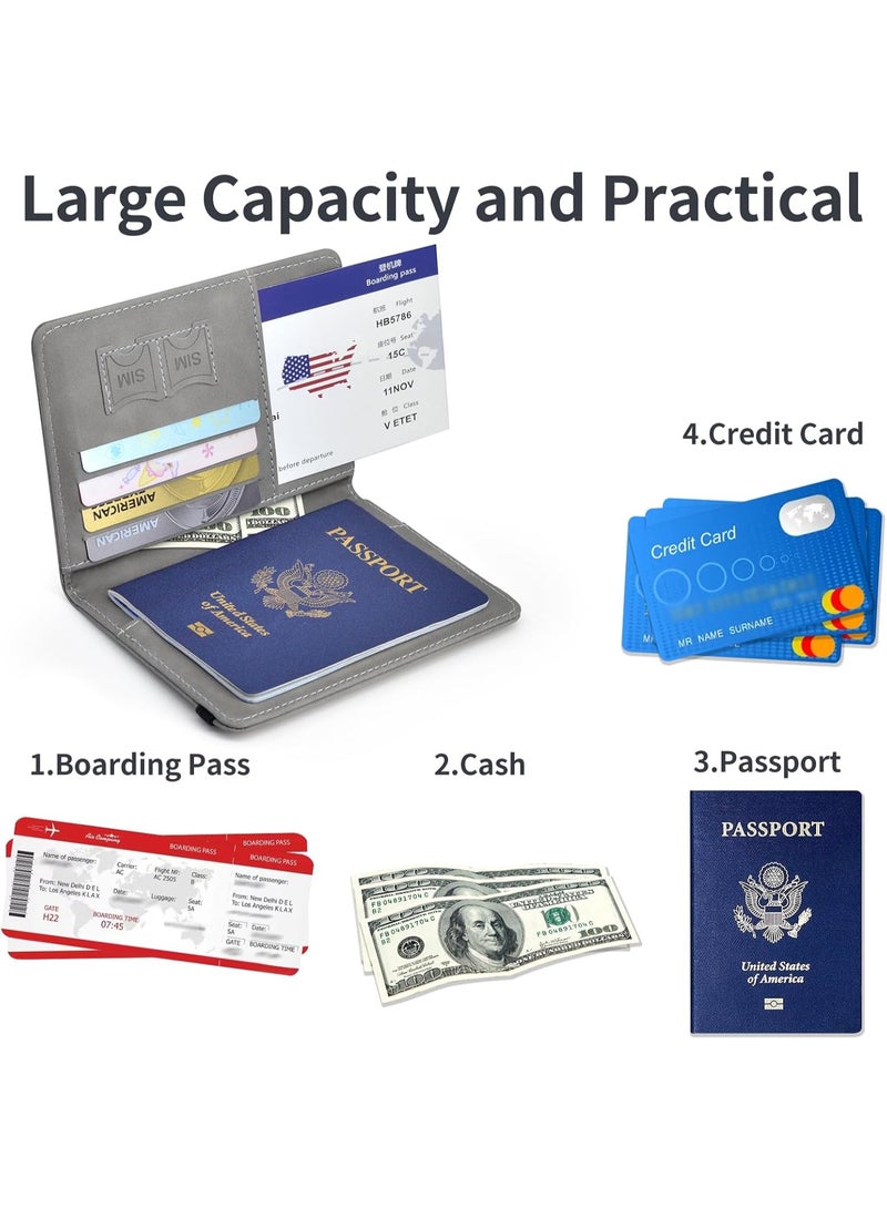 حافظة غطاء حامل السفر لجواز السفر مع حزام مرن ، واقي منظم مستندات حجب RFID من جلد PU ، لبطاقات الائتمان والهوية ، بطاقات الصعود إلى الطائرة (رمادي) - Image 4