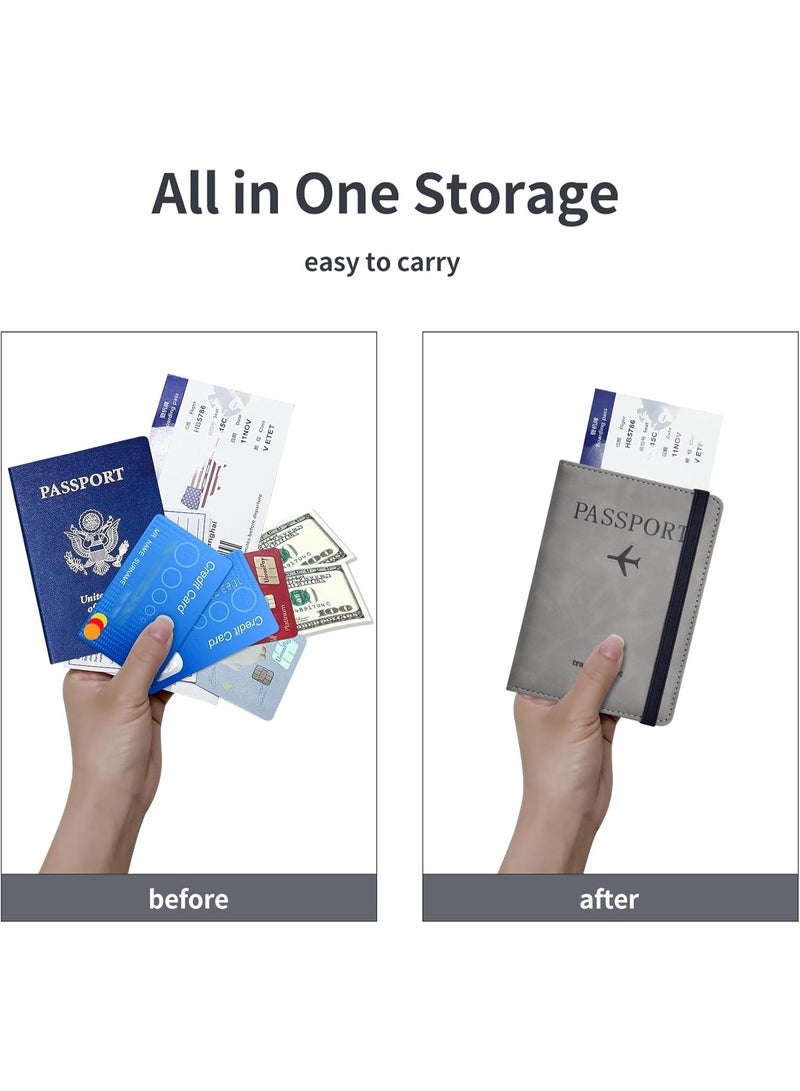 حافظة غطاء حامل السفر لجواز السفر مع حزام مرن ، واقي منظم مستندات حجب RFID من جلد PU ، لبطاقات الائتمان والهوية ، بطاقات الصعود إلى الطائرة (رمادي) - Image 3