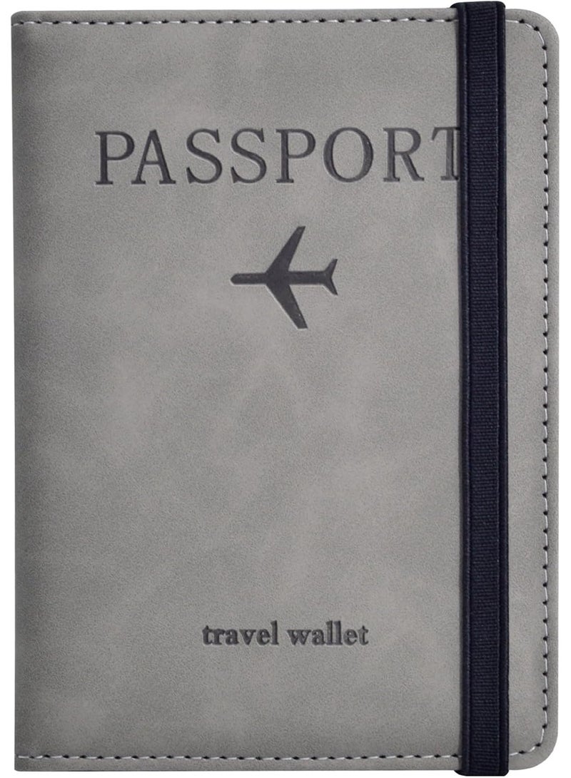 حافظة غطاء حامل السفر لجواز السفر مع حزام مرن ، واقي منظم مستندات حجب RFID من جلد PU ، لبطاقات الائتمان والهوية ، بطاقات الصعود إلى الطائرة (رمادي) - Image 1