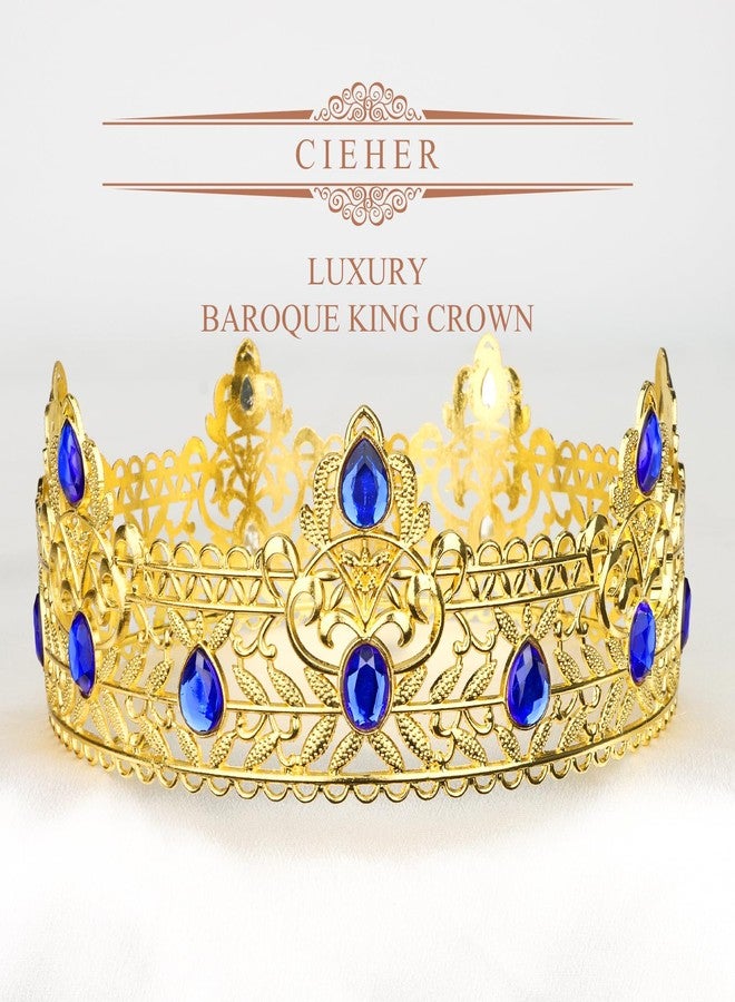 CIEHER King Crown, CIEHER King Crowns for Men Crystal Baroque Royal Prom Crown Prince Tiara Evil for Birthday Halloween Cosplay Party Birthday Decorations for Men, Gold & Blue - Image 2