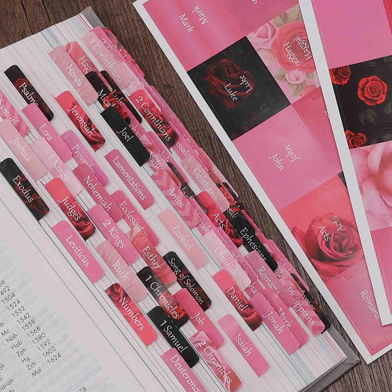 Thinkor Reposition Laminated Bible Tabs, Large Print Stickers, Easy to Read and Apply Bible Tabs for Women and Man (Pink Rose Print) - Image 1