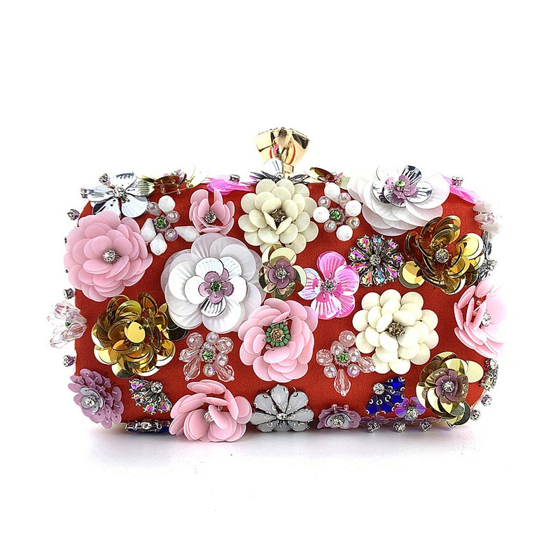 Elegant Floral Beaded Evening Clutch for Women Red