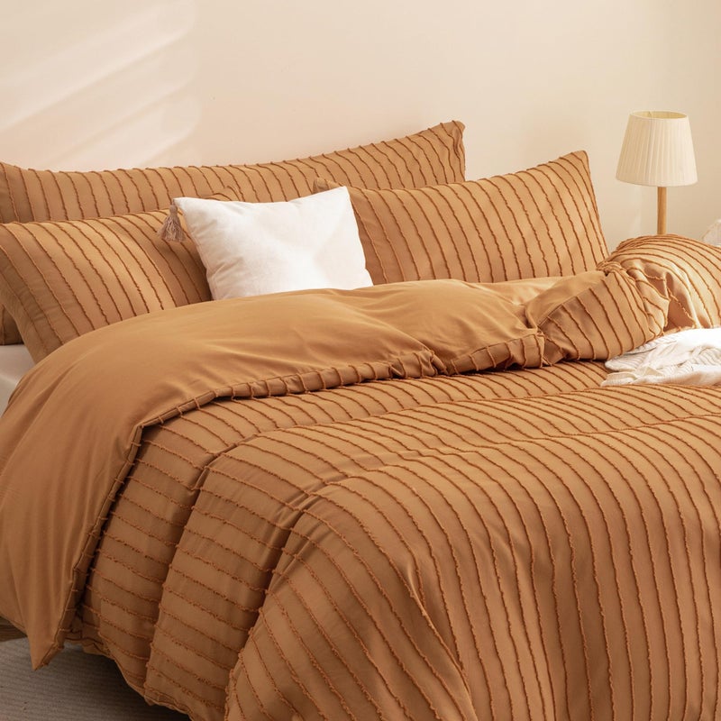 JELLYMONI Duvet Cover King Size Rust - 3PCS Boho Striped Duvet Cover Set Polyester Tufted Bohemian Textured Comforter Cover 104×90in with Corner Ties & Zipper and 2 Pillowcases - Image 4