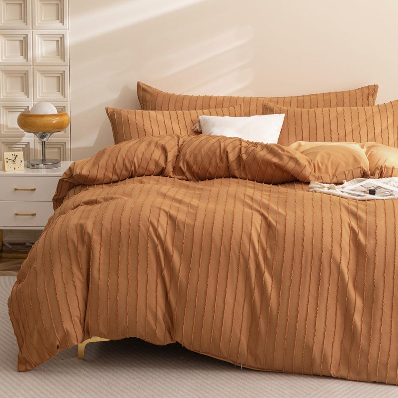 JELLYMONI Duvet Cover King Size Rust - 3PCS Boho Striped Duvet Cover Set Polyester Tufted Bohemian Textured Comforter Cover 104×90in with Corner Ties & Zipper and 2 Pillowcases - Image 1
