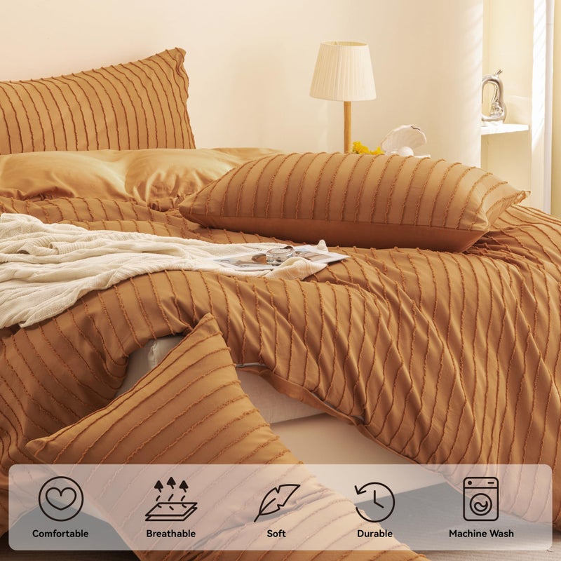 JELLYMONI Duvet Cover King Size Rust - 3PCS Boho Striped Duvet Cover Set Polyester Tufted Bohemian Textured Comforter Cover 104×90in with Corner Ties & Zipper and 2 Pillowcases - Image 5