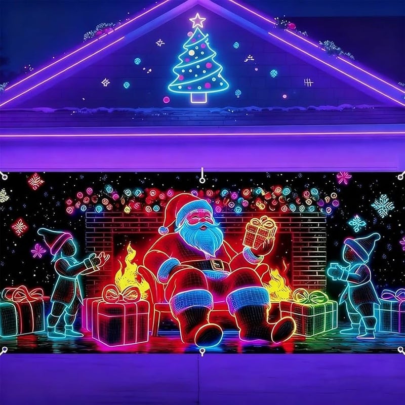 16x7ft UV Activated Glow In The Dark Christmas Garage Door Banner Holiday Party Decoration - Image 1