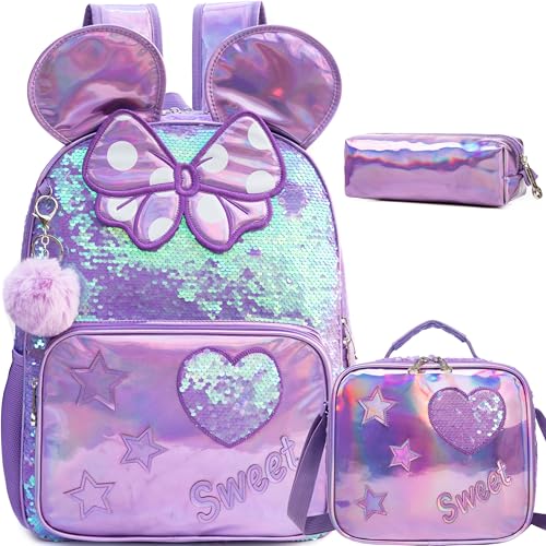 Meetbelify Backpack for Girls 16" Backpacks for Girls for School Sequin Backpack with Lunch Box for Elementary Students - Image 1