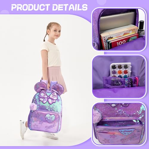 Meetbelify Backpack for Girls 16" Backpacks for Girls for School Sequin Backpack with Lunch Box for Elementary Students - Image 4