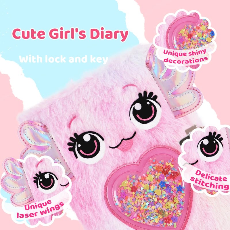 PrinBarBee Axolotl Diary for Girls with lock and keys, Kids Journal School Travel Notebook Gift Set for Writing and Drawing,Multicolored Pen, Stickers, Birthday Gift for Girls ages 6-8 - Image 2
