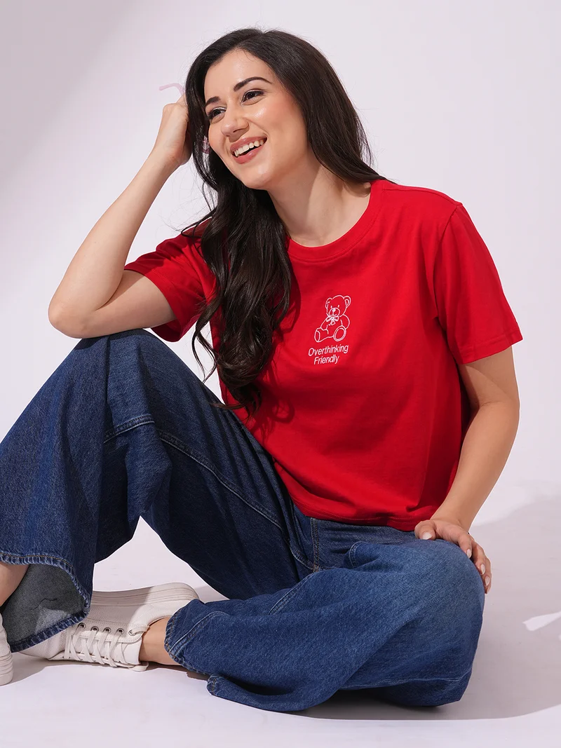 globus Women Red Round Neck Short Sleeves Graphic Print Oversized T-Shirt