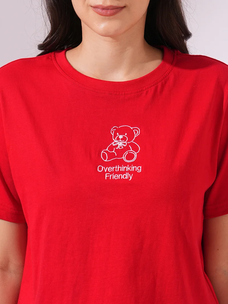globus Women Red Round Neck Short Sleeves Graphic Print Oversized T-Shirt