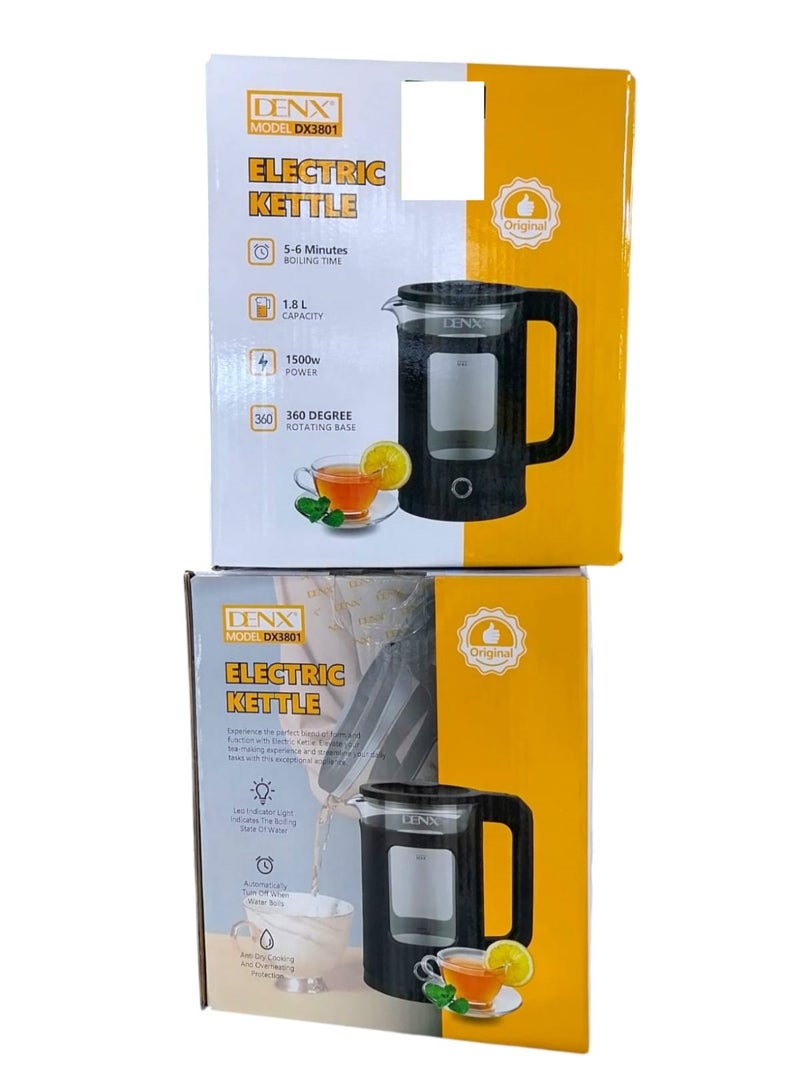 Denx Electric Kettle, 1.8 Litre Glass, Blue LED, 1500W, Auto Shut-Off, Boil-Dry Protection, BPA Free (Black) - Image 2