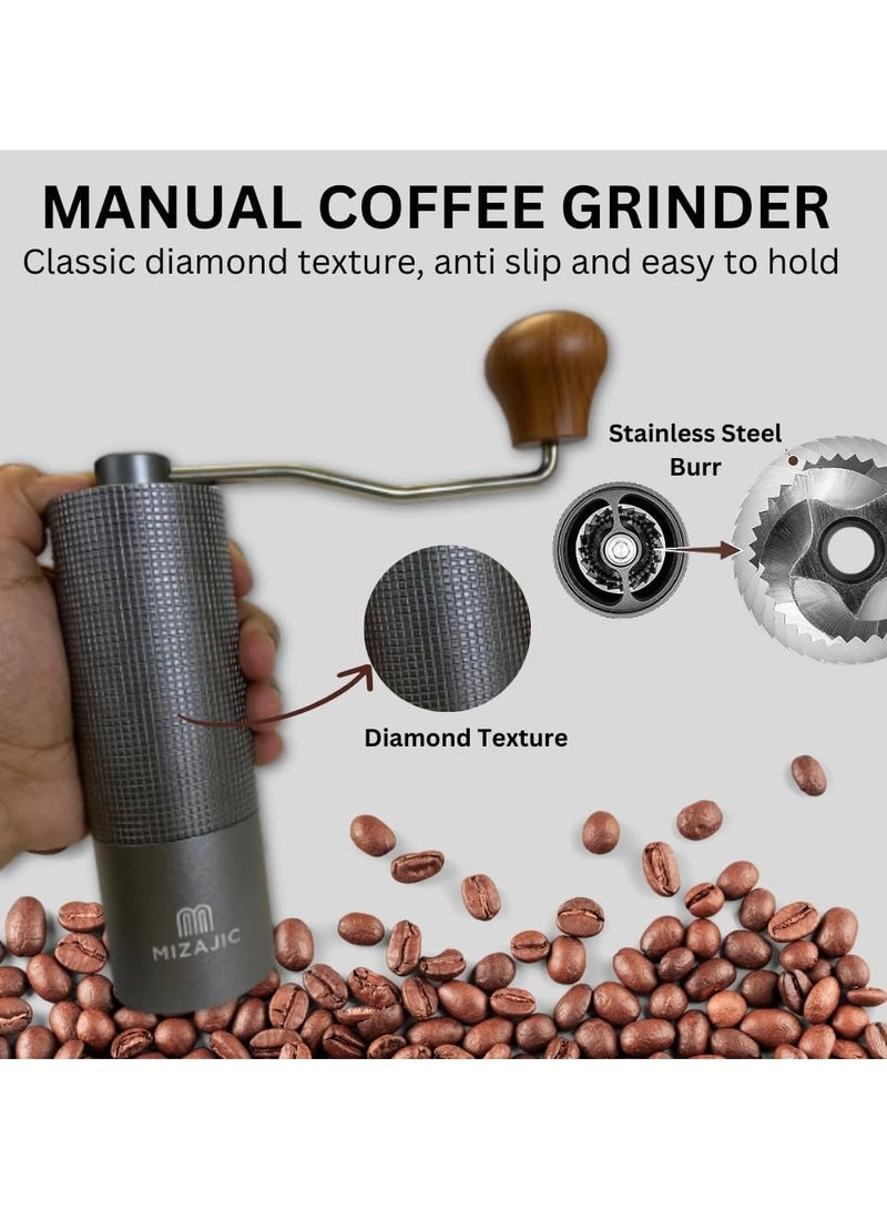 مزاجك مطحنة قهوة يدوية، شفرات مخروطية من الفولاذ المقاوم للصدأ بسعة 25 جرام، مطحنة حبوب القهوة مع إعدادات قابلة للتعديل، جسم من سبائك الألومنيوم، محمل مزدوج ومقبض خشبي (فضي) - Image 2