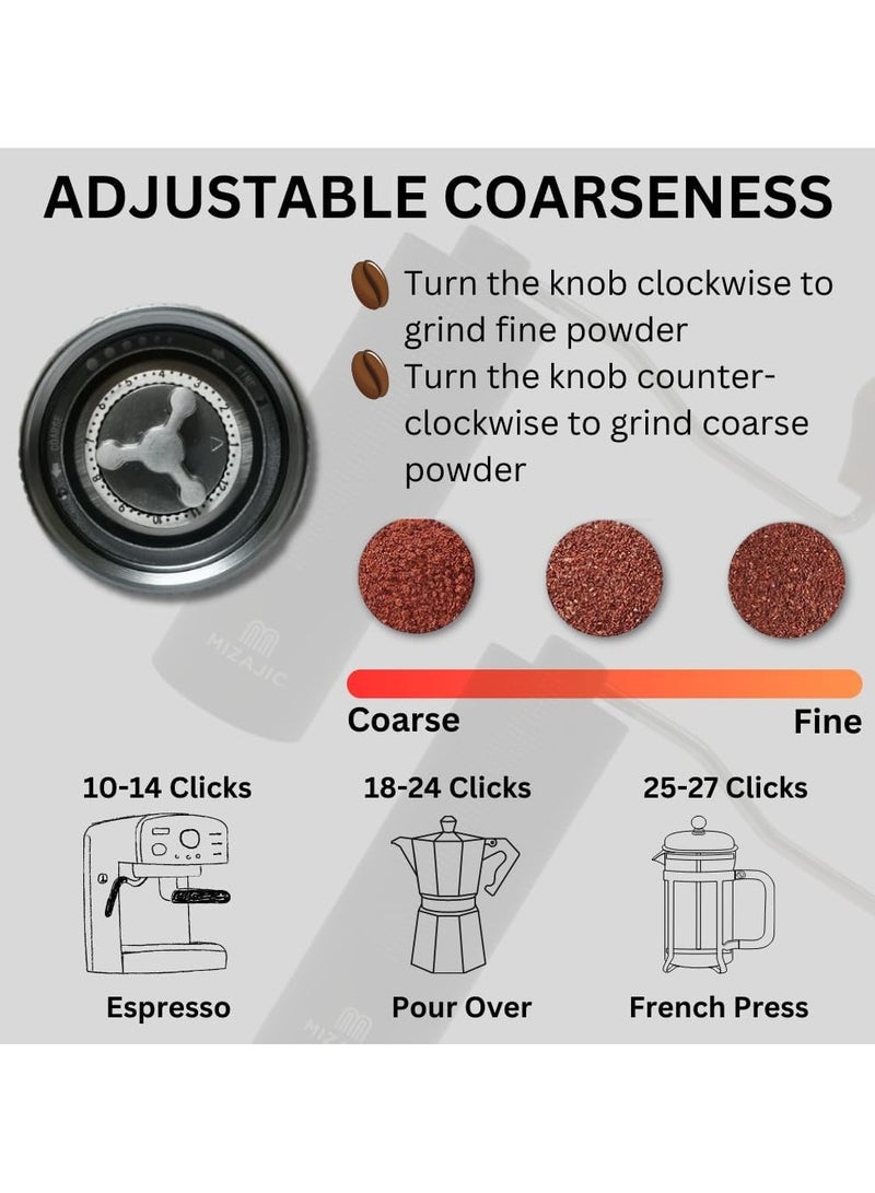 مزاجك مطحنة قهوة يدوية، شفرات مخروطية من الفولاذ المقاوم للصدأ بسعة 25 جرام، مطحنة حبوب القهوة مع إعدادات قابلة للتعديل، جسم من سبائك الألومنيوم، محمل مزدوج ومقبض خشبي (فضي) - Image 3