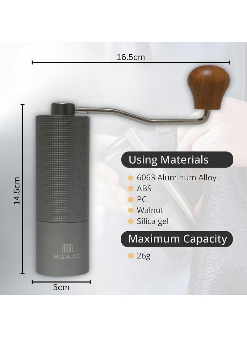 مزاجك مطحنة قهوة يدوية، شفرات مخروطية من الفولاذ المقاوم للصدأ بسعة 25 جرام، مطحنة حبوب القهوة مع إعدادات قابلة للتعديل، جسم من سبائك الألومنيوم، محمل مزدوج ومقبض خشبي (فضي) - Image 4