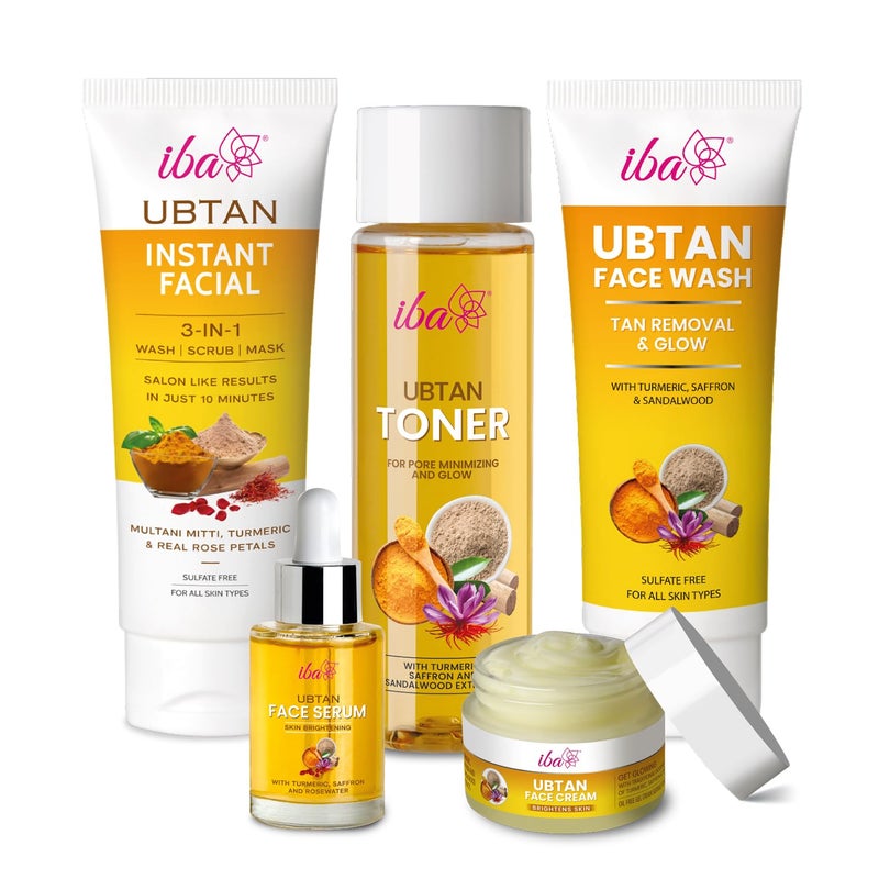 Iba Ubtan Radiance Skincare Kit for Glowing Skin Removes Tan Radiant Skin Skin Care Regime Face Wash 100ml 3 in 1 Instant Facial 100g Cream 50g Toner 130ml Serum 30ml - Image 1