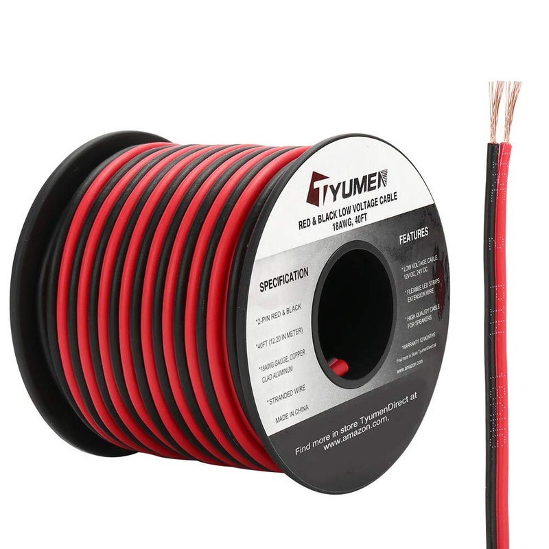 TYUMEN 40FT 18 Gauge 2pin 2 Color Red Black Cable Hookup Electrical LED Strips Extension Wire 12V/24V DC Cable, 18AWG Flexible Wire Extension Cord for Ribbon Lamp Tape Lighting - Image 1