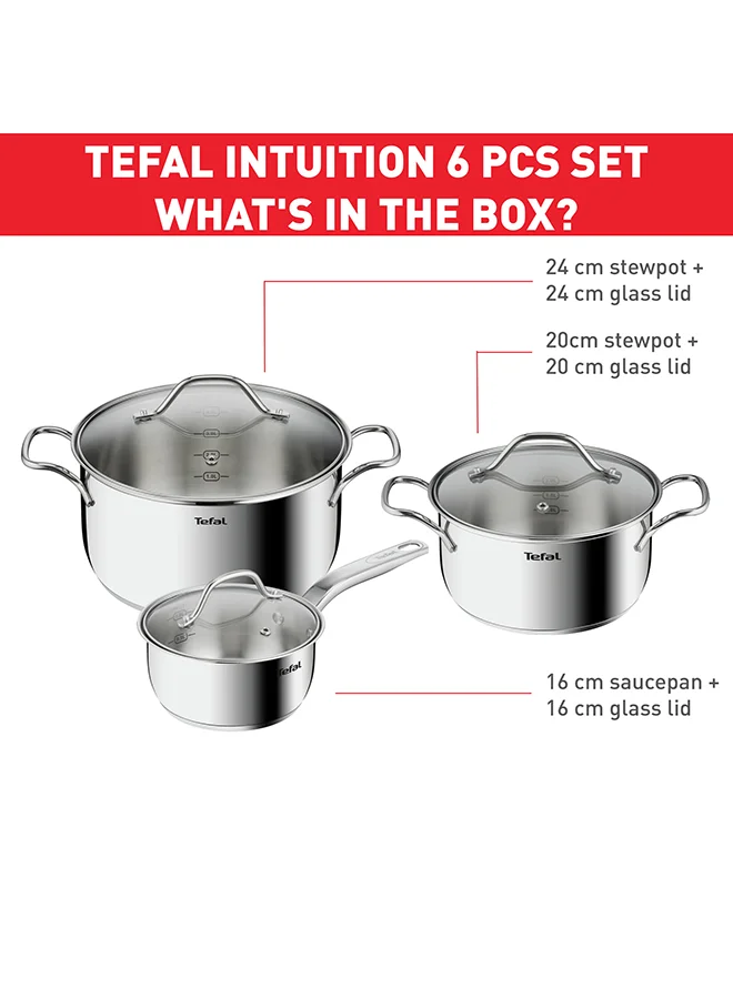 Tefal TEFAL Intuition 6 pc set | saucepan 16 cm+lid , stewpots 20/24 cm+lids | Premium Stainless Steel 18/10 | Measuring marks | Glass lid | Induction | Stewing | Boiling | Recipes | 2 Years Warranty | B864S674