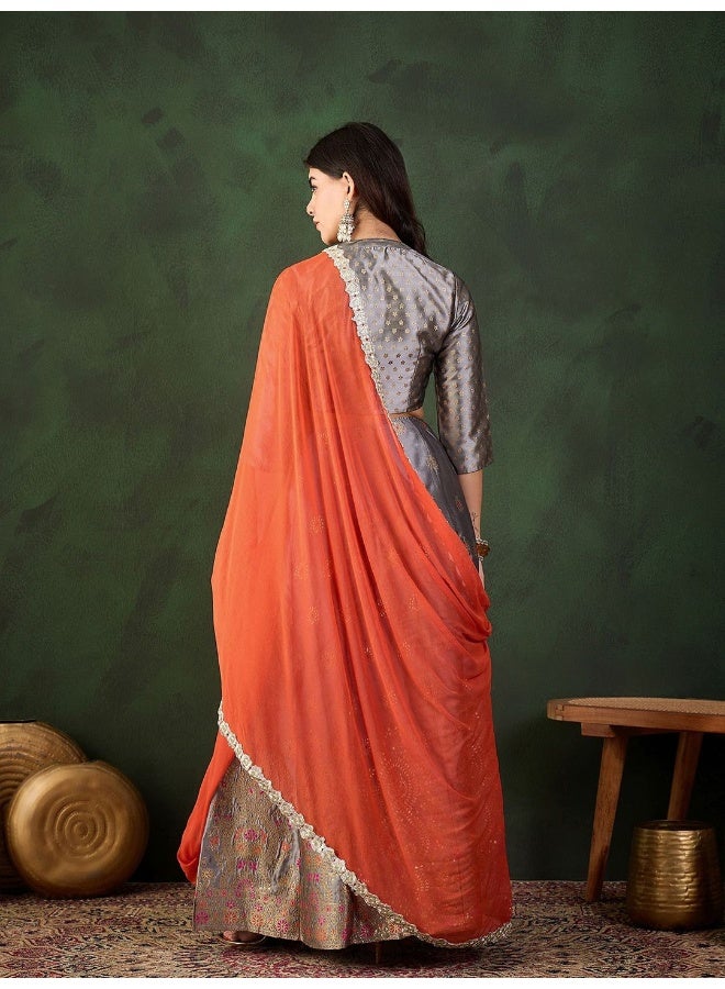 AKS Grey And Orange Jacquard Lehenga Choli With ContrastDupatta  - Image 4