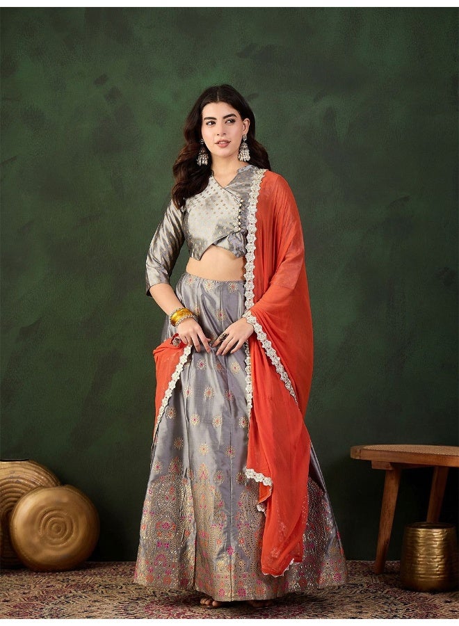 AKS Grey And Orange Jacquard Lehenga Choli With ContrastDupatta  - Image 1