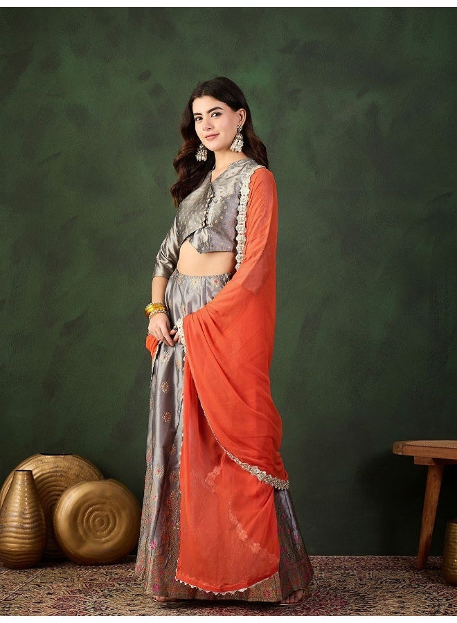 AKS Grey And Orange Jacquard Lehenga Choli With ContrastDupatta  - Image 5