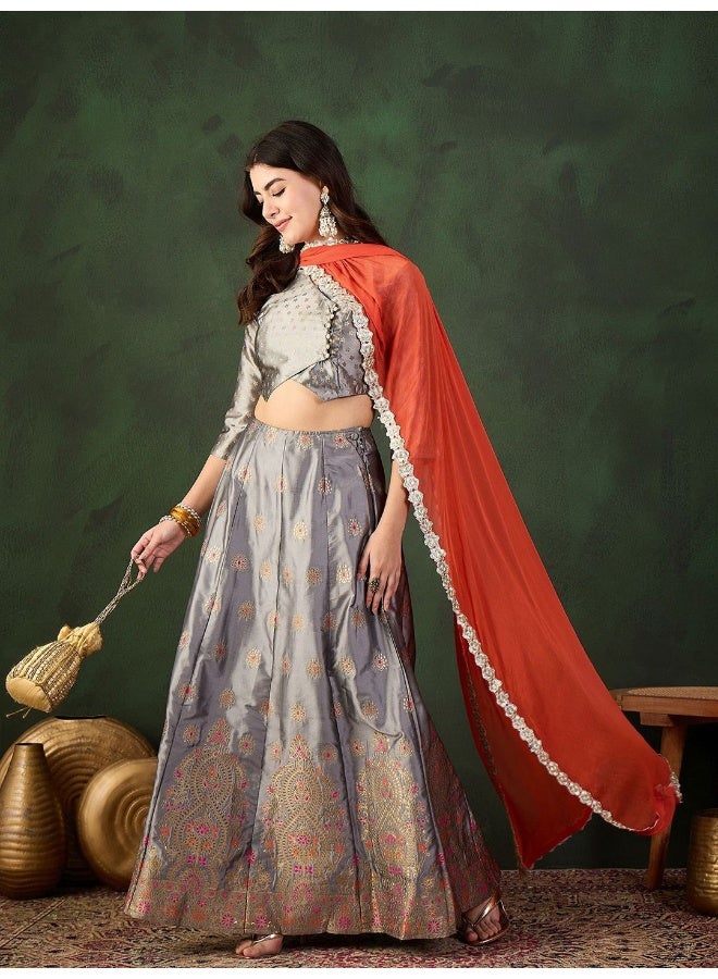 AKS Grey And Orange Jacquard Lehenga Choli With ContrastDupatta  - Image 2